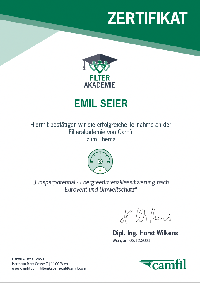 Filterakademie Zertifikate Einsparpotential Emil Seier AT 20211202