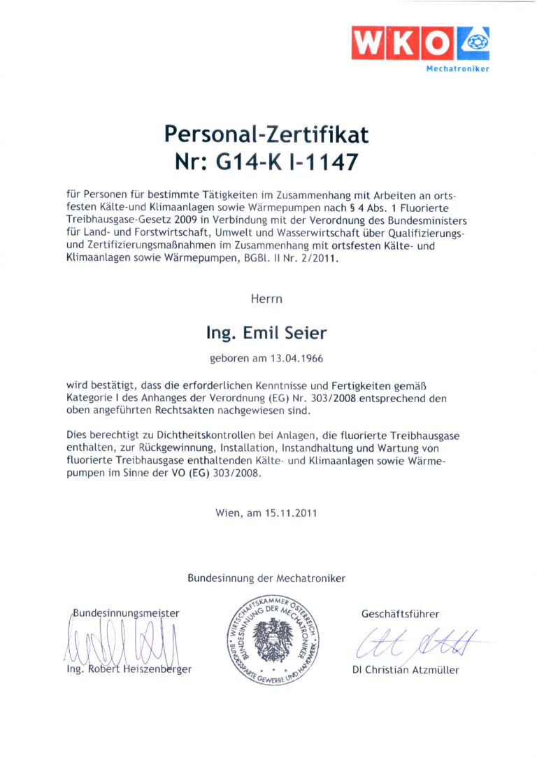 Zertifikat Personal Nr G14 KI 1147 2011 11 30